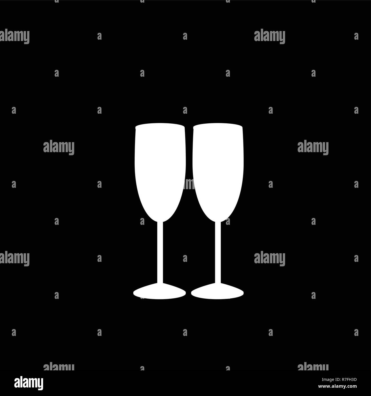 Silhouette blanche vecteur de couple de champagne ou des verres à vin sur fond noir. Illustration monochrome de deux verres de champagne. Icône d'acclamations. Fra Illustration de Vecteur