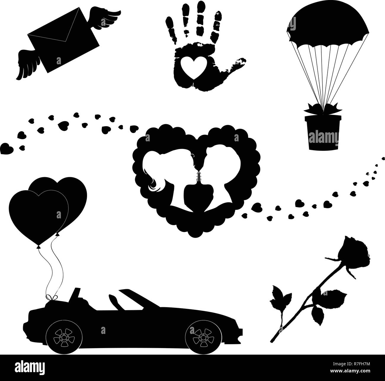 Vector icons set de 7 amour rempli modifiable silhouette valentine signe isolé sur fond blanc. Cœur, ballons, rose, kissing couple, juste marrie Illustration de Vecteur