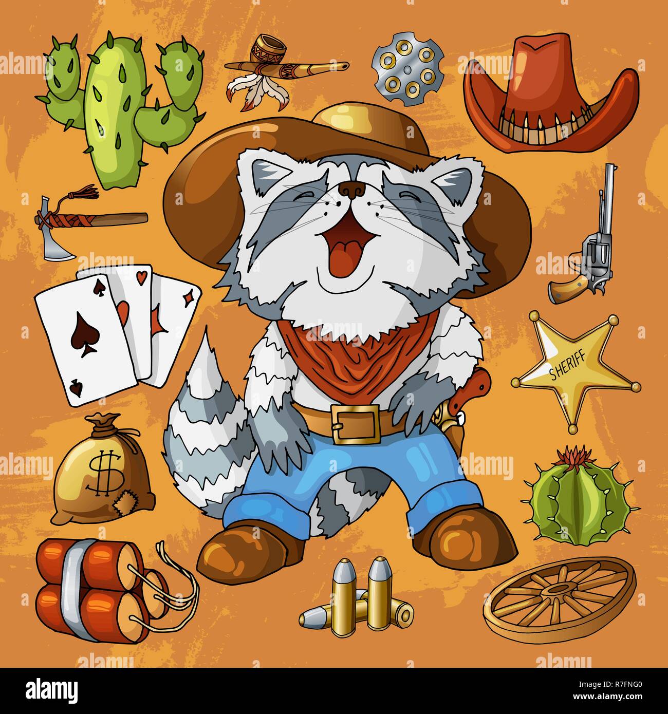 Western wild west art stickers set. Pistolet, des balles, cactus et beaucoup d'autres articles Illustration de Vecteur