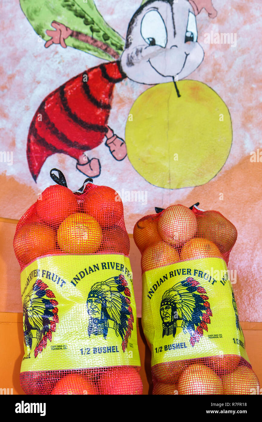 Miami Florida,Davie,Bob Roth's New River groves,stand de fruits de bord de route,produits locaux,agriculture,orange,un demi-boisseau,sac,sac,Indian RI Banque D'Images
