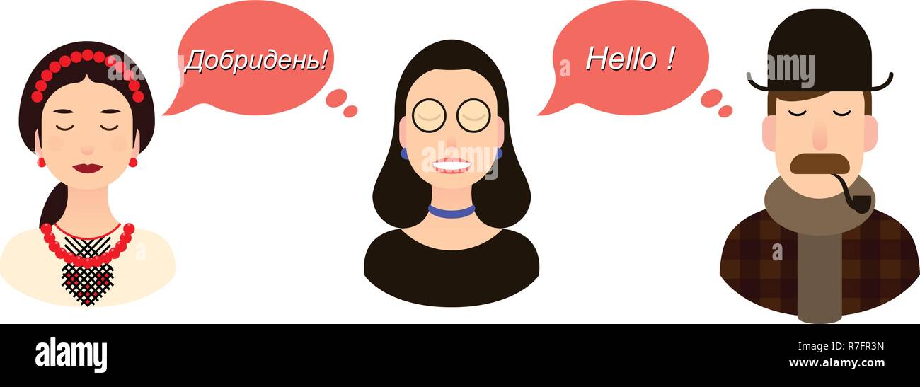 Communication traduction internationale concept illustration. les touristes ou hommes d'affaires ou des politiciens de l'Ukraine et l'Angleterre communiquent par le biais d'un traducteur de fille en costume national Illustration de Vecteur