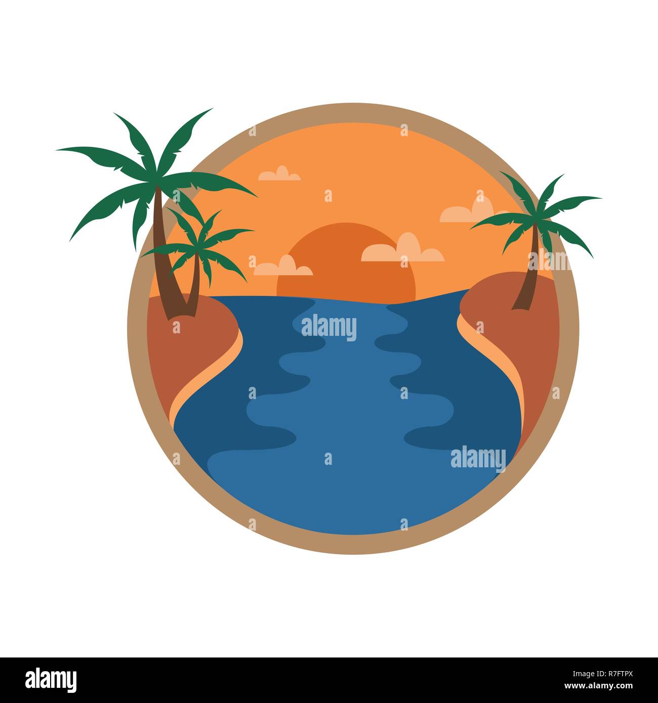 Palmiers Coucher du soleil au bord de la circulaire de l'Île Voyage Vector Illustration Graphic Design Illustration de Vecteur