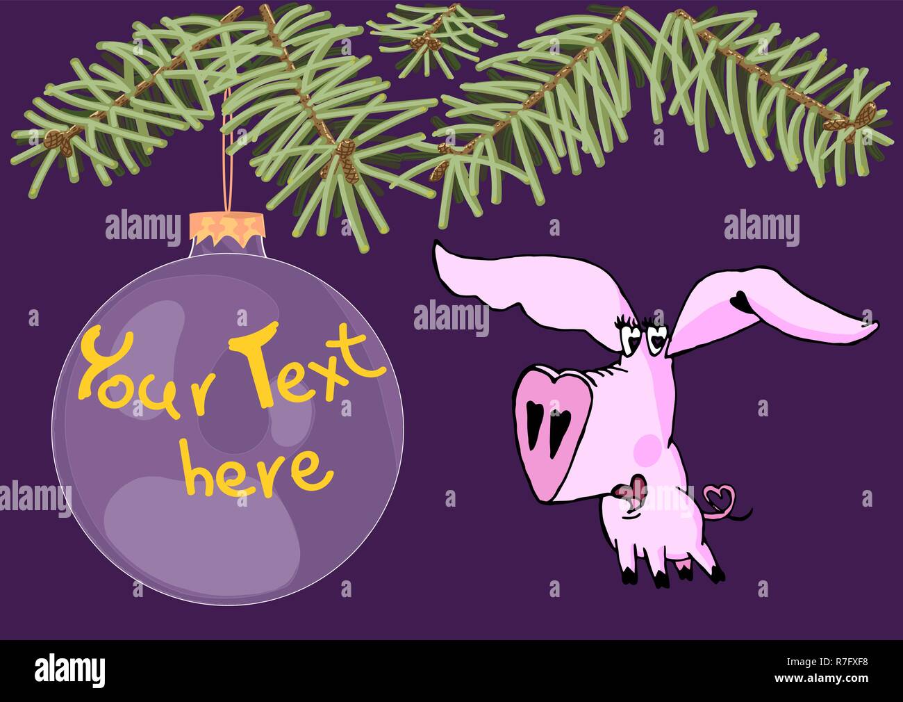 Cute cartoon boy pig en vertu de l'arbre de Noël. Grand noël jouet avec copie espace accroché au pin. Funny porcinet avec museau en forme de coeur. Année de t Illustration de Vecteur