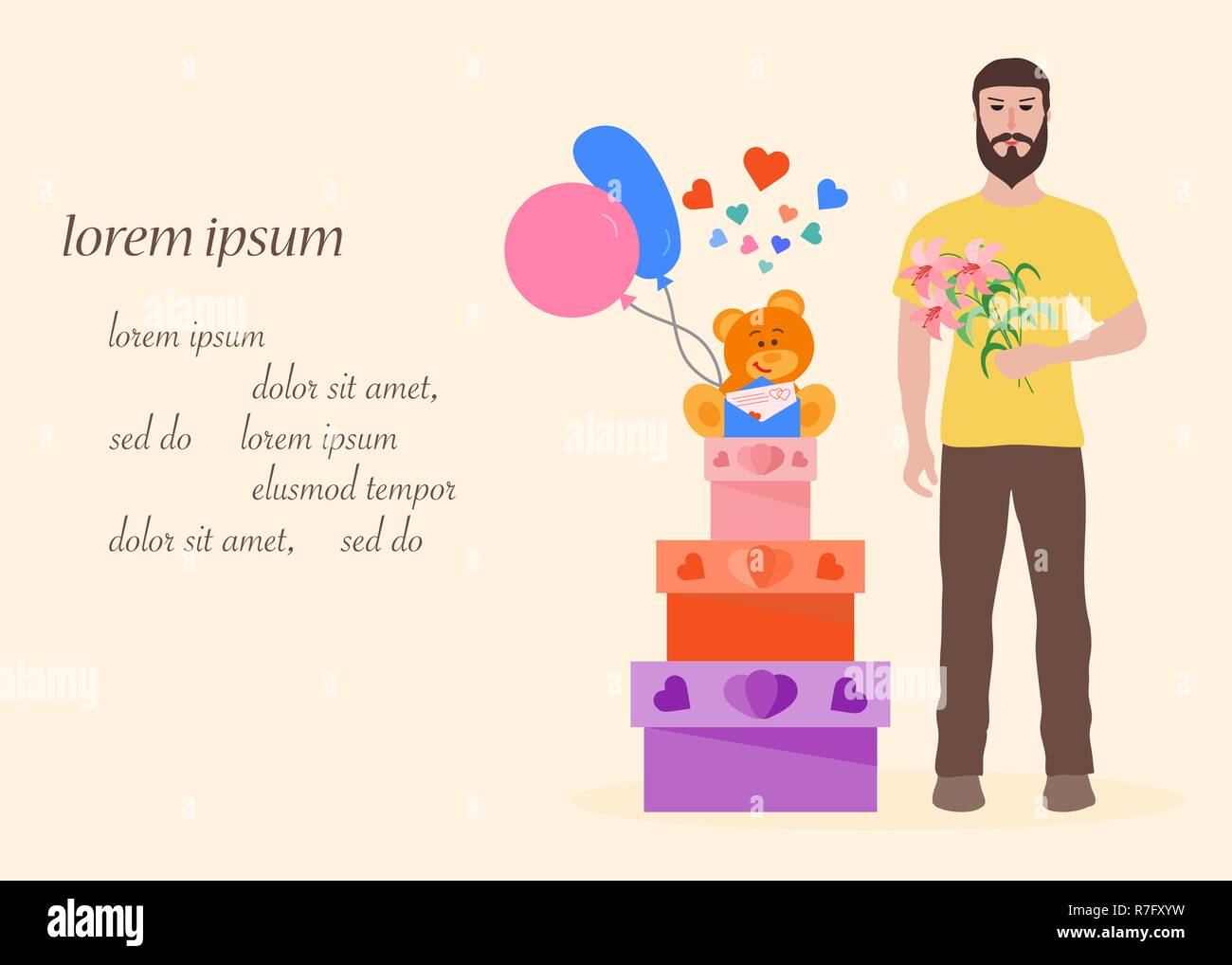 Jeune Homme Avec Des Fleurs Et Des Boites Cadeaux Des Ballons Des Ours En Peluche Anniversaire La Saint Valentin La Fete Des Meres Fond Vecteur Pour La Conception De Carte De Vœux B Image