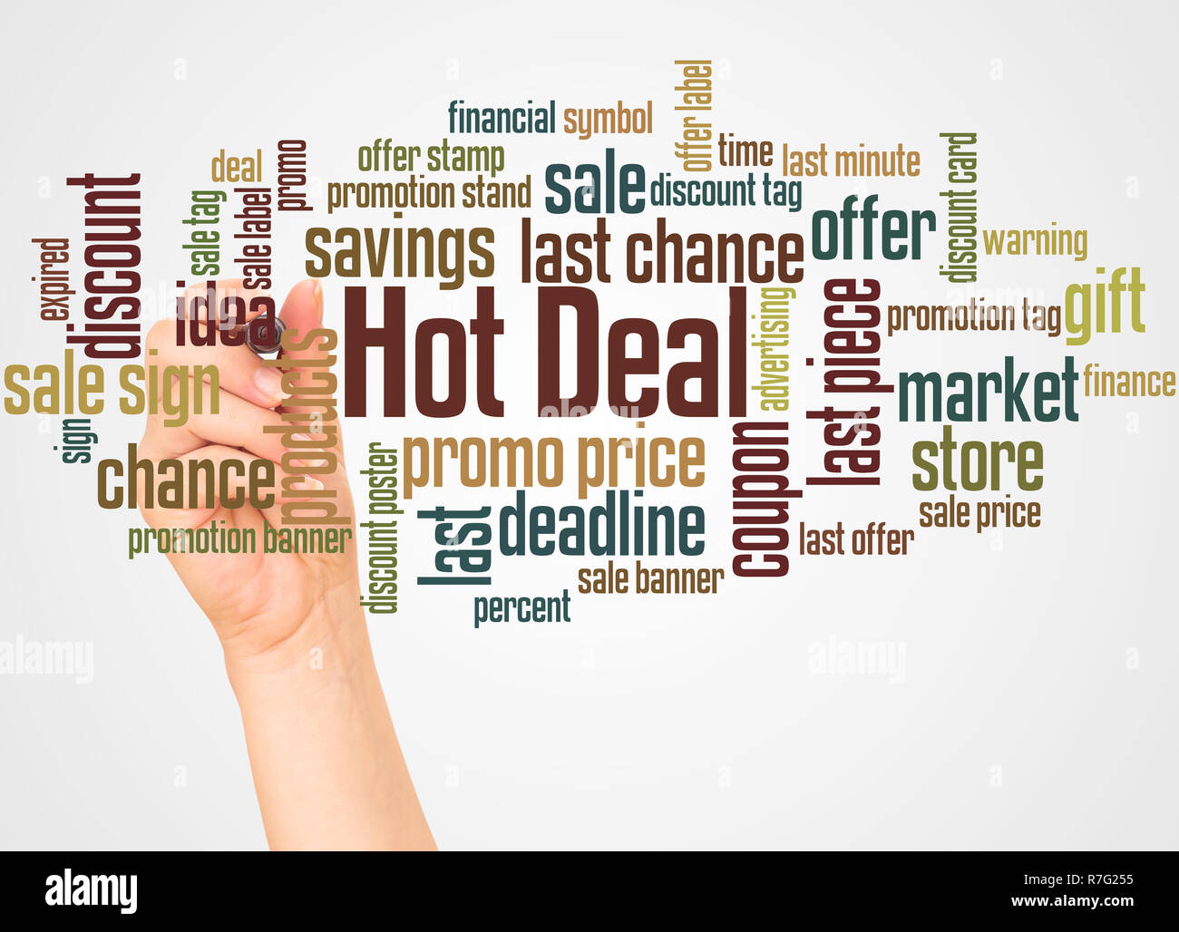 Hot Deal word cloud et part avec le concept sur fond blanc. Banque D'Images