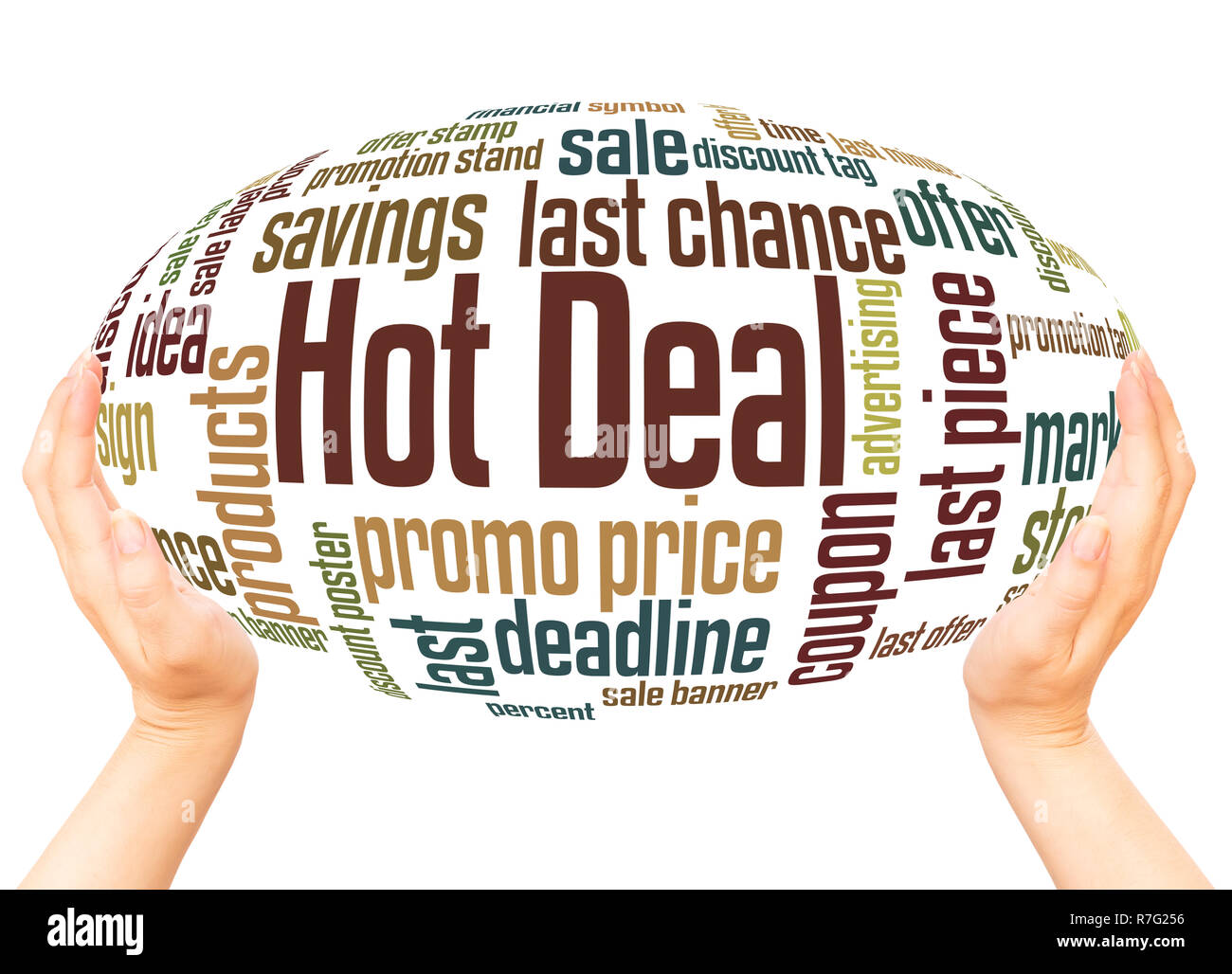 Hot Deal cloud mot sphère main concept sur fond blanc. Banque D'Images