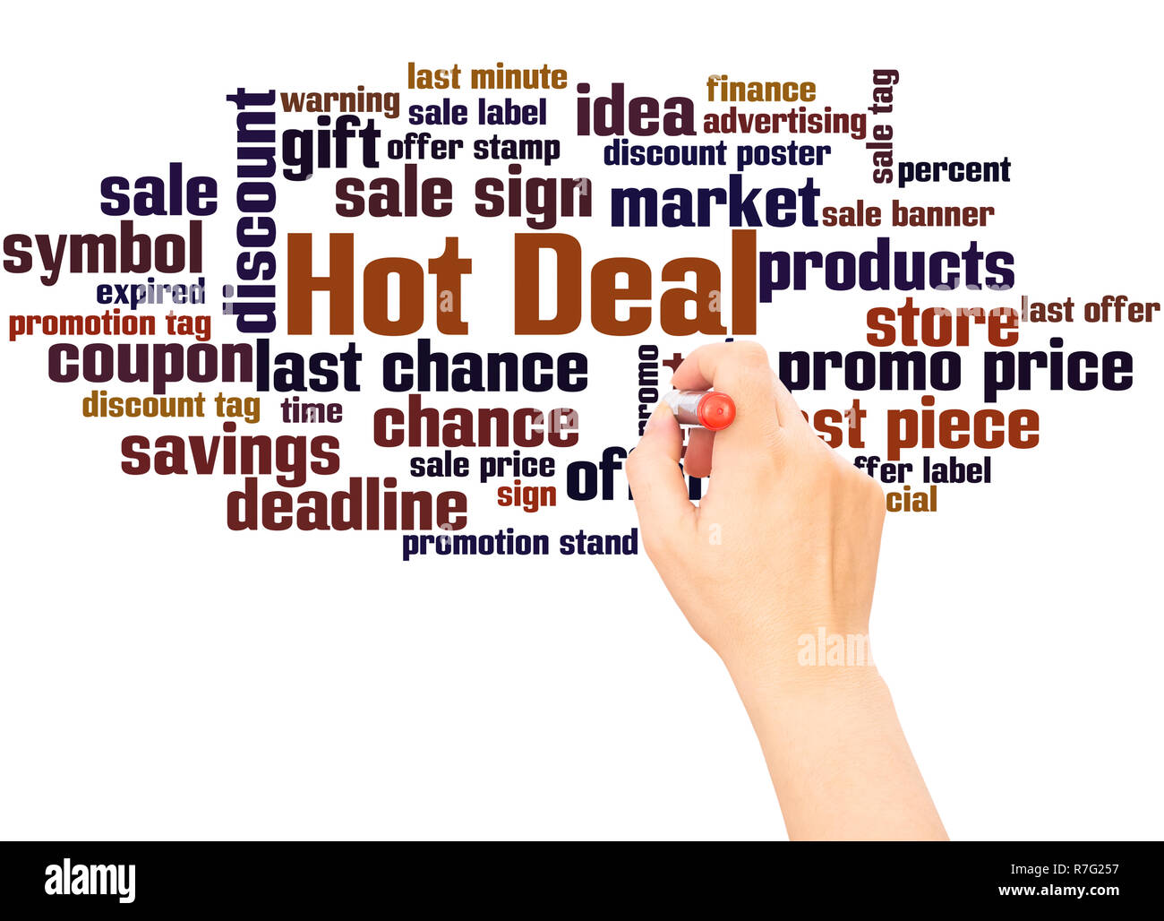 Hot Deal Nuage de mots la main concept sur fond blanc. Banque D'Images
