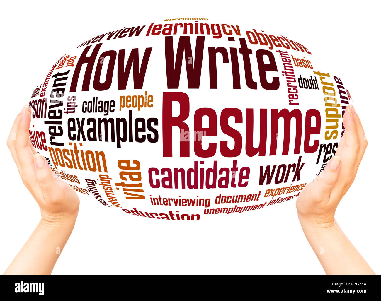 Comment écrire cv word cloud main concept de sphère sur fond blanc. Banque D'Images