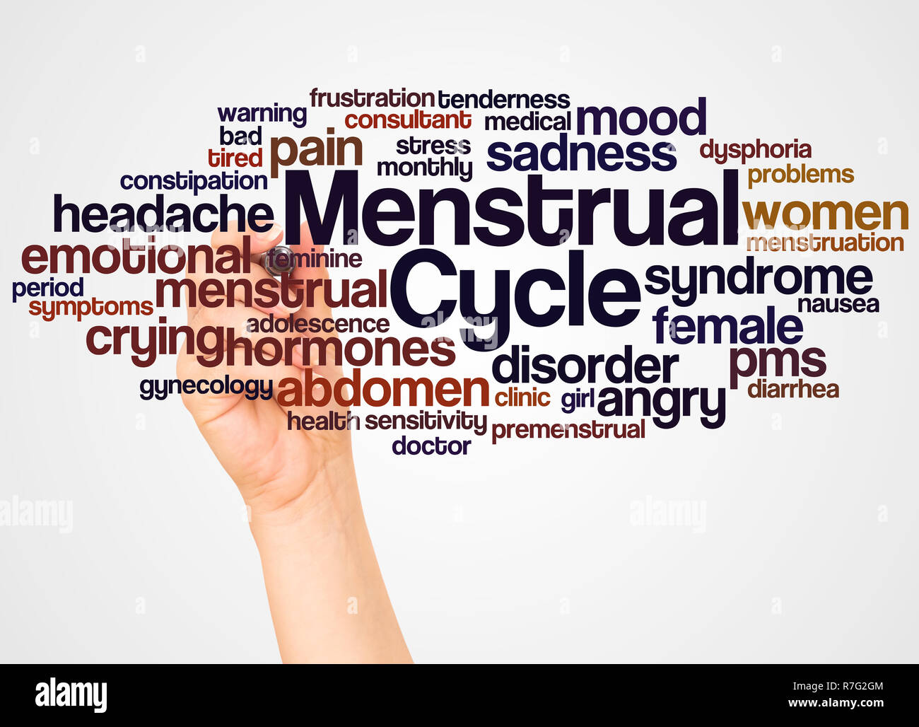 Cycle menstruel nuage de mots et part avec le concept sur fond blanc. Banque D'Images