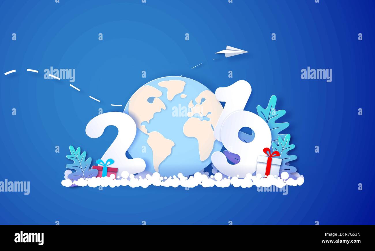 Nouvel An 2019 Carte de conception avec des nombres et globe Terre sur fond bleu. Vector illustration. Coupe papier et de l'artisanat traditionnel. Illustration de Vecteur