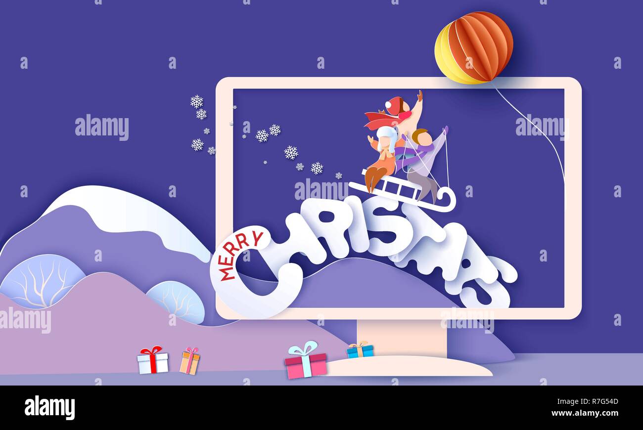 Joyeux Noël design card avec les enfants en luge sur neige big hills et fond de ciel bleu à l'intérieur d'ordinateur. Vector illustration d'art sur papier. Coupe papier et de l'artisanat traditionnel. Illustration de Vecteur