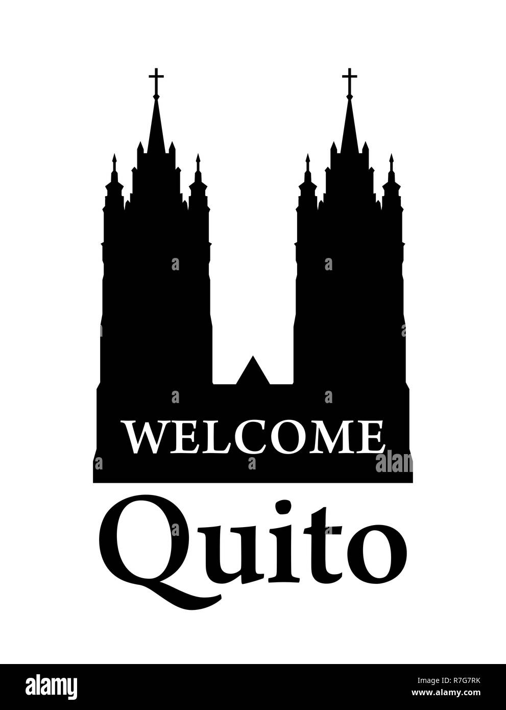 La Basilica del Voto Nacional, Silhouette de tours de la cathédrale de Quito, Équateur - bienvenue inviter bannière. Illustration de Vecteur
