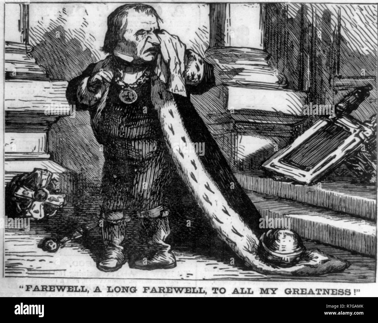 'Adieu, un long adieu, à tous ma grandeur !' Caricature montrant Andrew Johnson, vêtu comme un roi, de pleurer. Banque D'Images