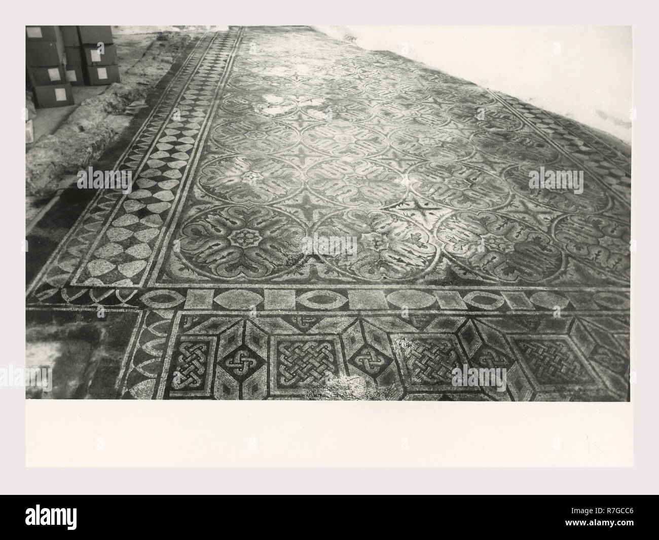 Toscane Sienne Asciano Casa Corboli, c'est mon l'Italie, l'Italie Pays de l'histoire visuelle, laïque datant de 13e-14e 100. Dans l'oratorio fresques sont les 4 saisons et d'autres scènes profanes. 2ème ANNONCE de siècle antiquités mosaïque polychrome, mascaron ou possible d'une fontaine. Deux mosaïques de la chaussée située au sous-sol du bâtiment. Ils ont des motifs géométriques avec des cercles et des rosettes végétales liées. Quatre-étoile, triangle et de la langue et de motifs dart sont situés à la frontière. Squares reliés par Solomon's knot. langue maternelle et dart Banque D'Images