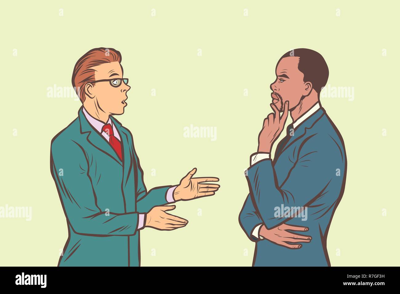 Deux hommes d'parler. Multi groupe ethnique. Comic cartoon retro pop art dessin illustration vectorielle Illustration de Vecteur