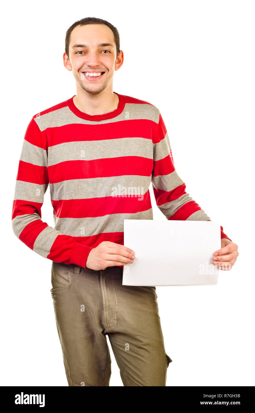 Jeune homme avec feuille de papier vide Banque D'Images