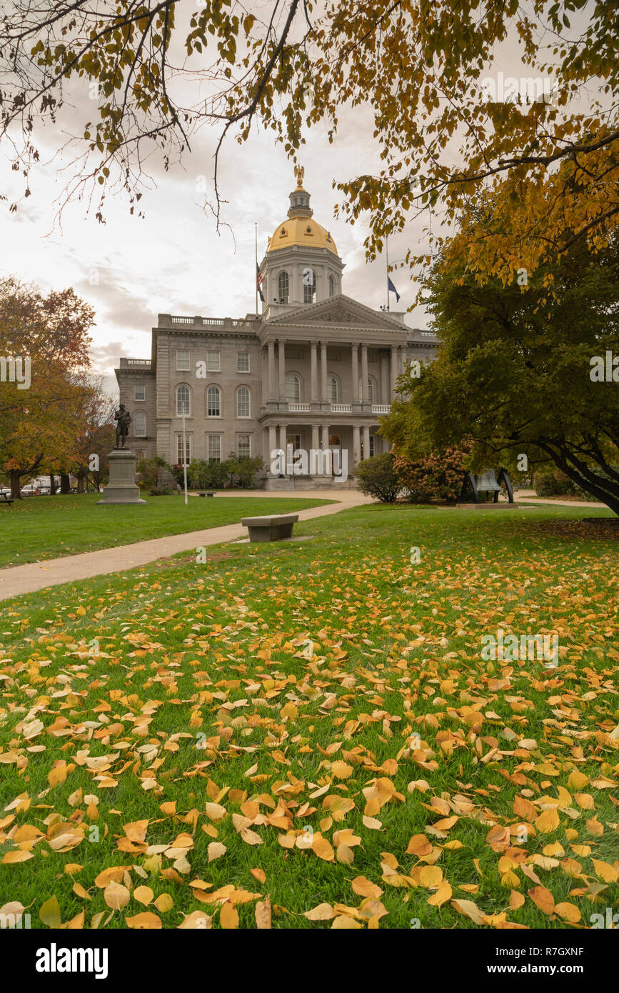 Les feuilles d'automne sur la pelouse à l'édifice la capitale de l'État du New Hampshire à Concord Banque D'Images
