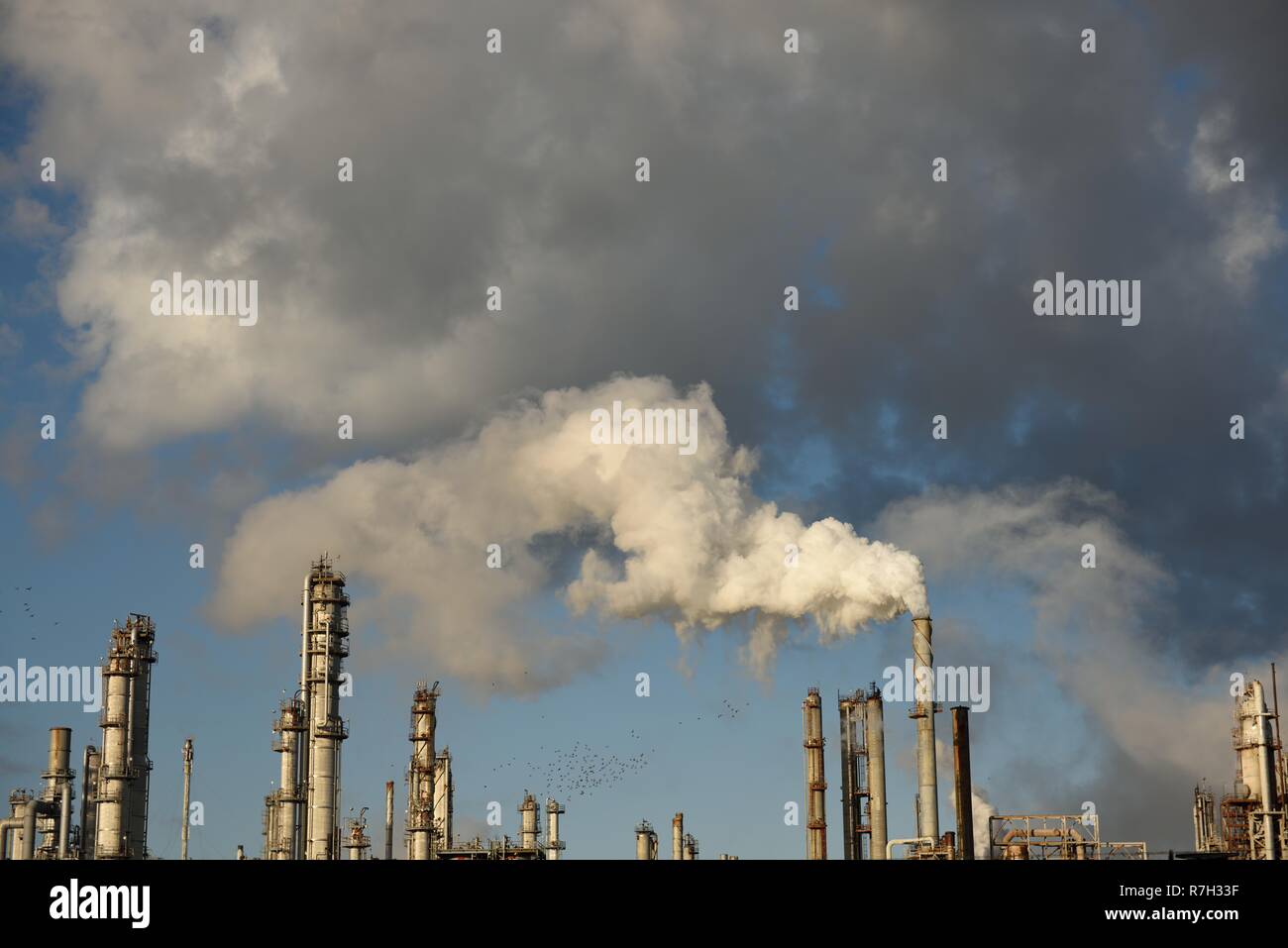Fumée provenant d'une installation complexe de tours et de tuyaux métalliques dans une raffinerie industrielle de pétrole et de gaz à Corpus Christi, Texas, États-Unis Banque D'Images