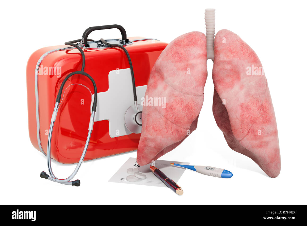 Première de l'aide médicale et le traitement des poumons, rendu 3D concept isolé sur fond blanc Banque D'Images