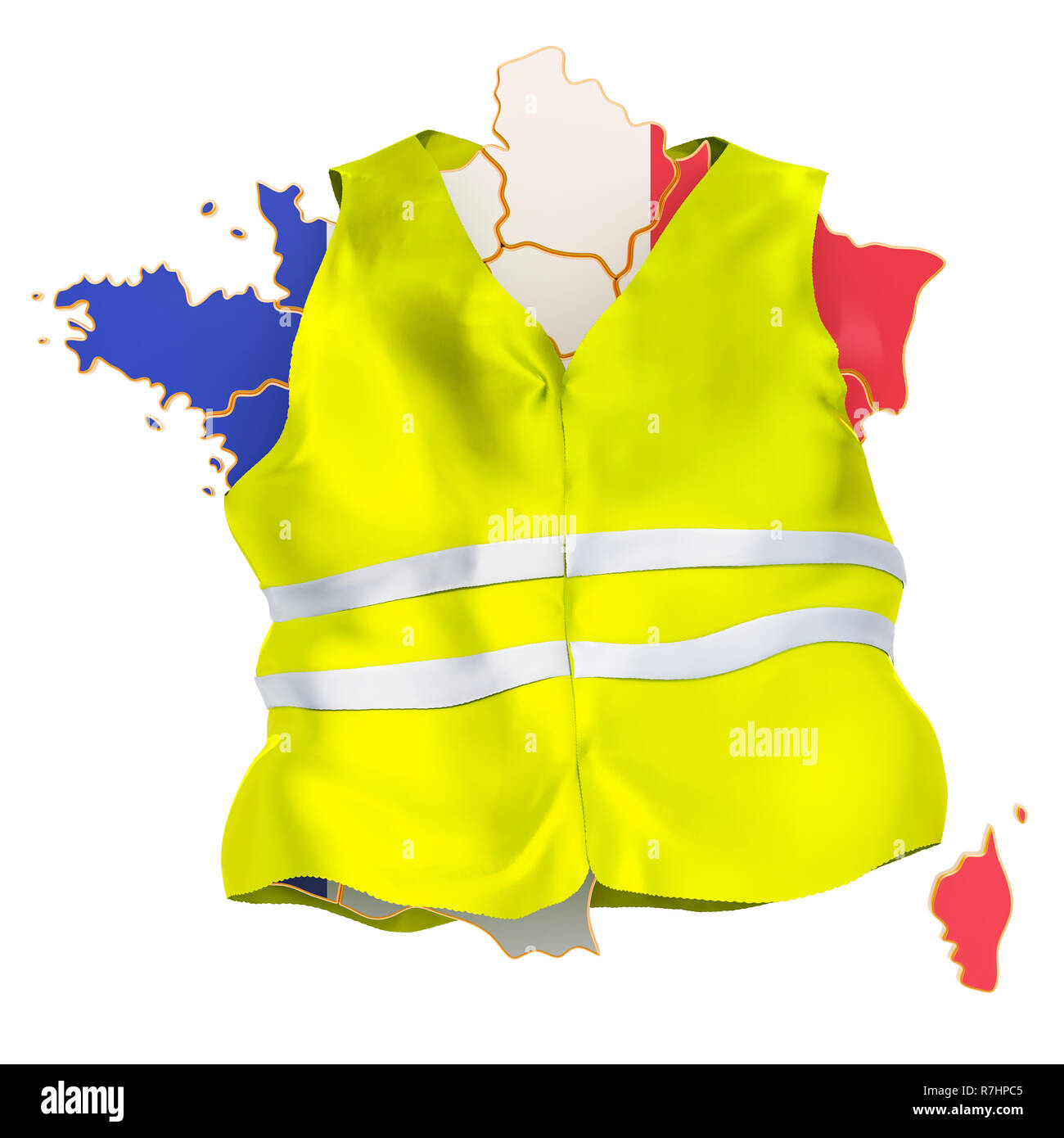 Manifestations français concept. Gilets jaunes, rendu 3D mouvement isolé sur fond blanc Banque D'Images
