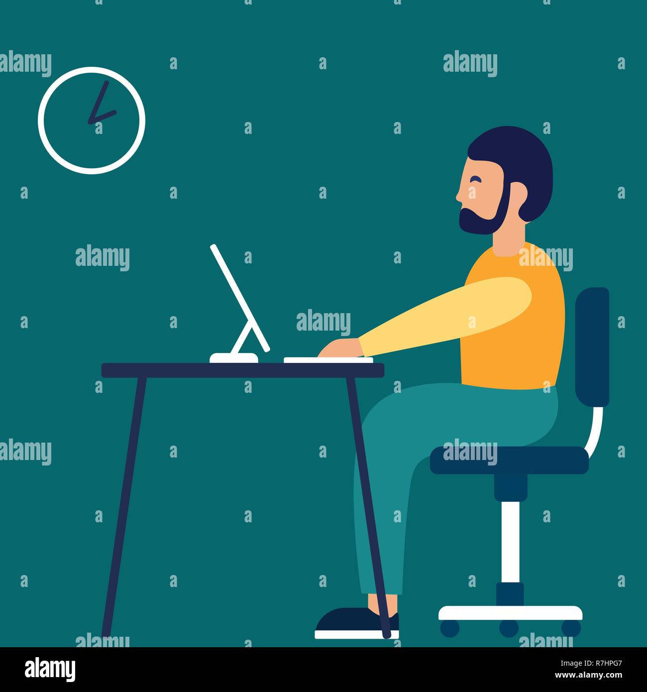 Un homme est assis sur le lieu de travail au bureau. Vector illustration dans un style plat Illustration de Vecteur