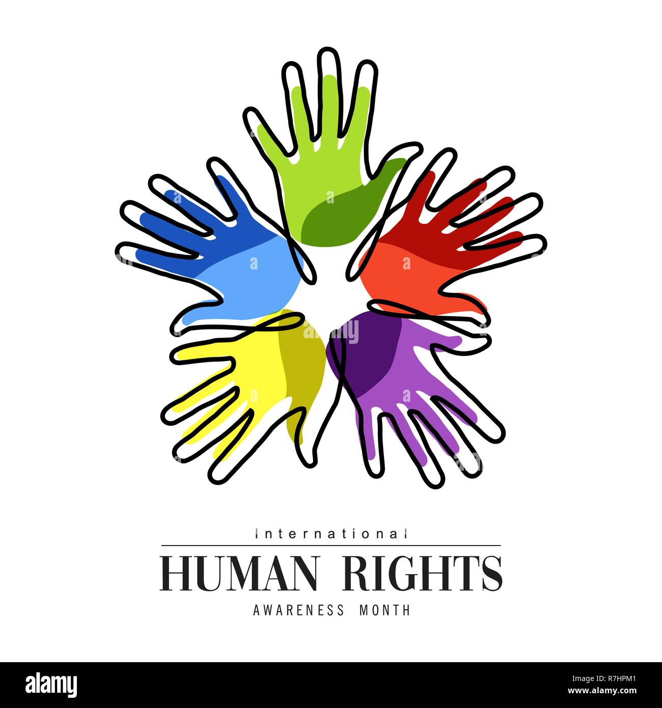 Le mois de la sensibilisation aux droits de l'illustration pour l'égalité et de la paix mondiale avec des mains des gens, de la diversité sociale concept. Illustration de Vecteur