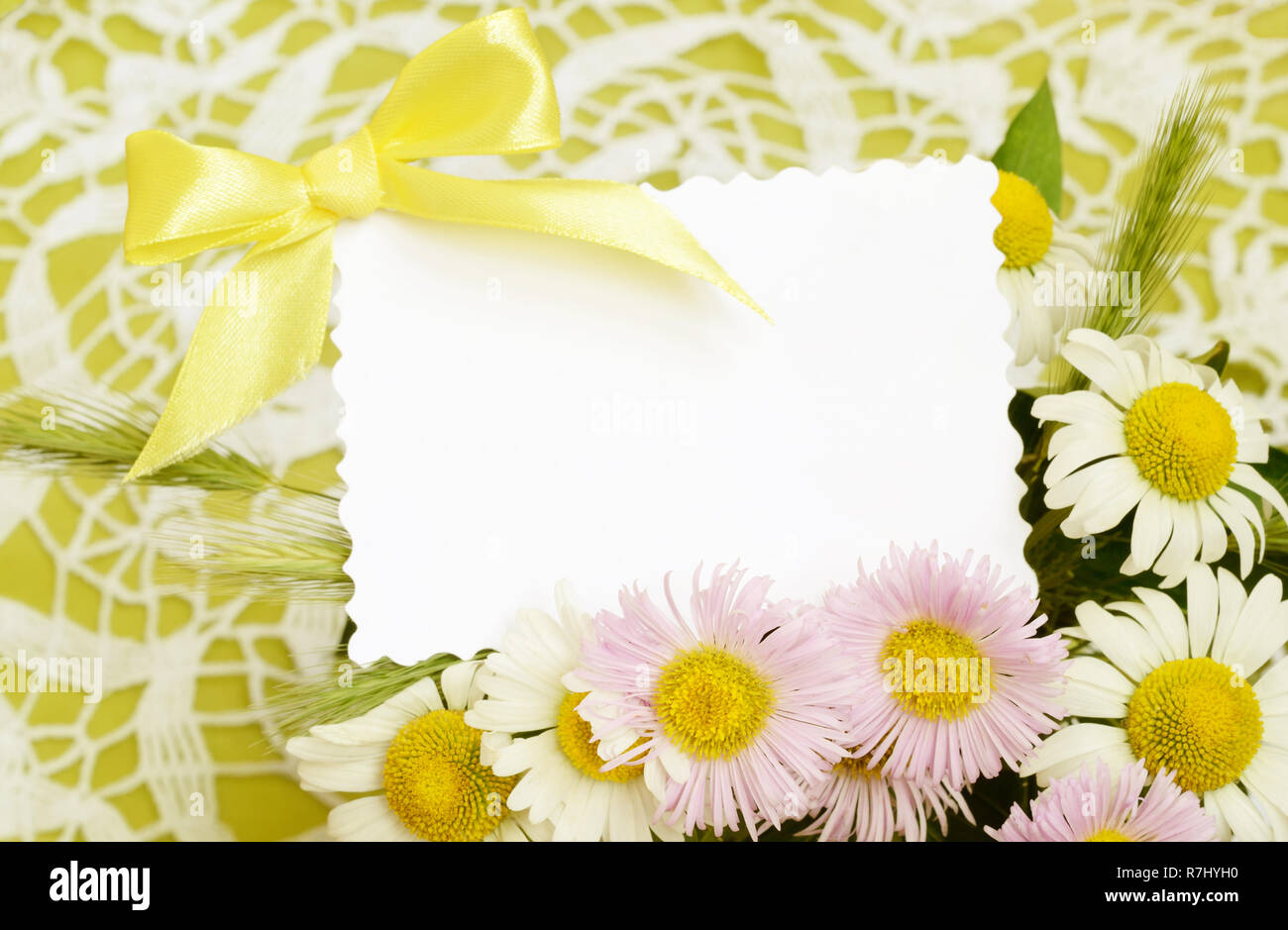 Bouquet de marguerites blanches et roses avec une carte sur fond de crochet Banque D'Images