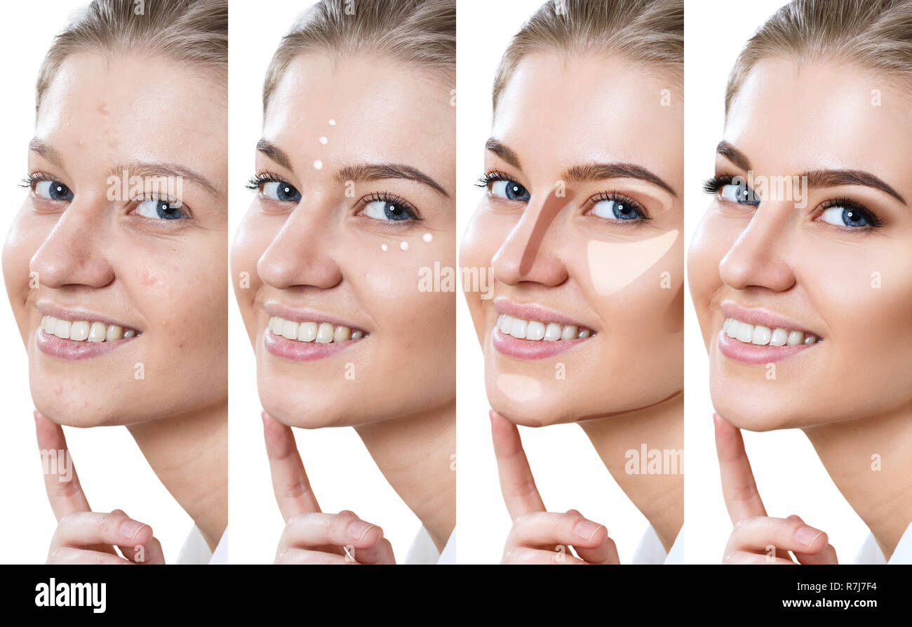 Collage of woman applying makeup étape par étape. Sur fond blanc. Banque D'Images