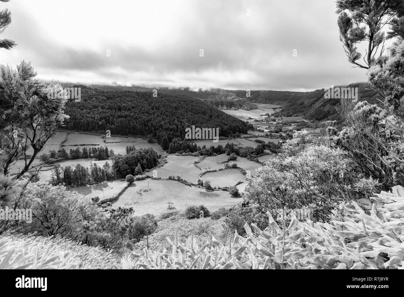 Vue en noir et blanc des plus petits Alferes Caldera et de terres agricoles. Banque D'Images