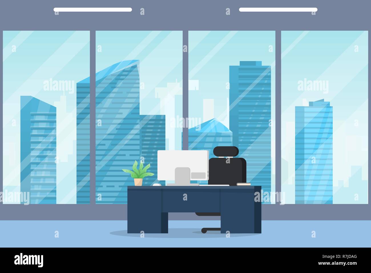 Office interior modern flat vector illustration. Table d'affaires avec le moniteur de l'ordinateur et une chaise en cuir. Grande fenêtre sur le contexte et les gratte-ciel Illustration de Vecteur Office interior modern flat vector illustration. Table d'affaires avec le moniteur de l'ordinateur et une chaise en cuir. Grande fenêtre sur le contexte et les gratte-ciel Illustration de Vecteur
