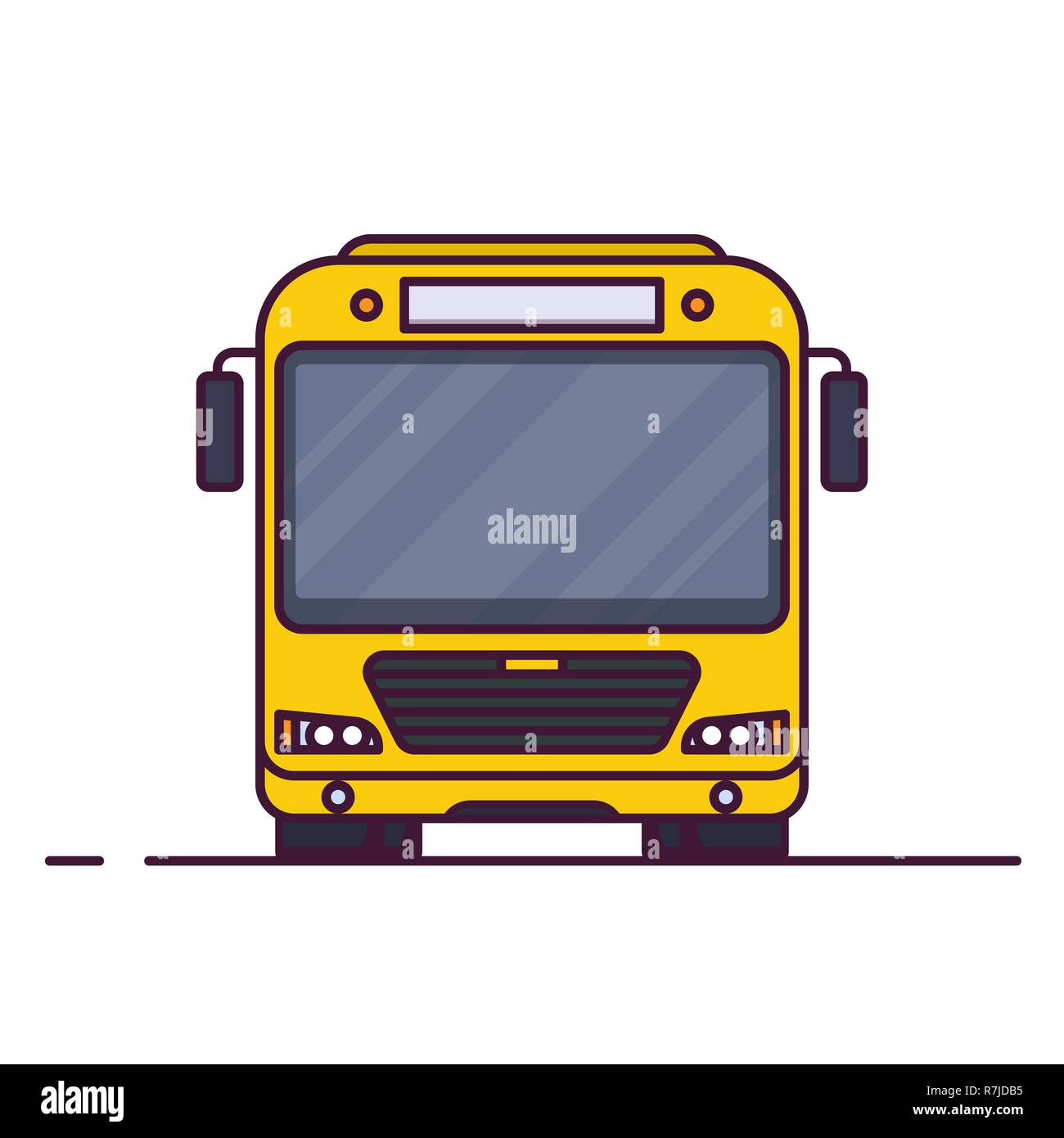 Vue avant du big yellow city bus. Illustration vecteur de style de ligne. Transport de véhicules et de bannière. Véhicule de transport en commun moderne. Vue avant bus. Illustration de Vecteur