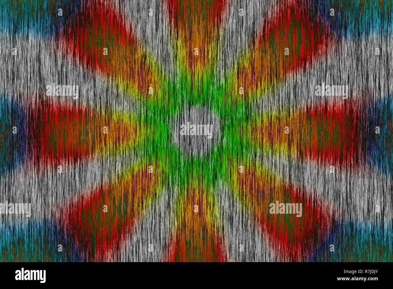 Bleu, rouge, orange, jaune, vert et gris, motif de cercles radiale effet bois Banque D'Images