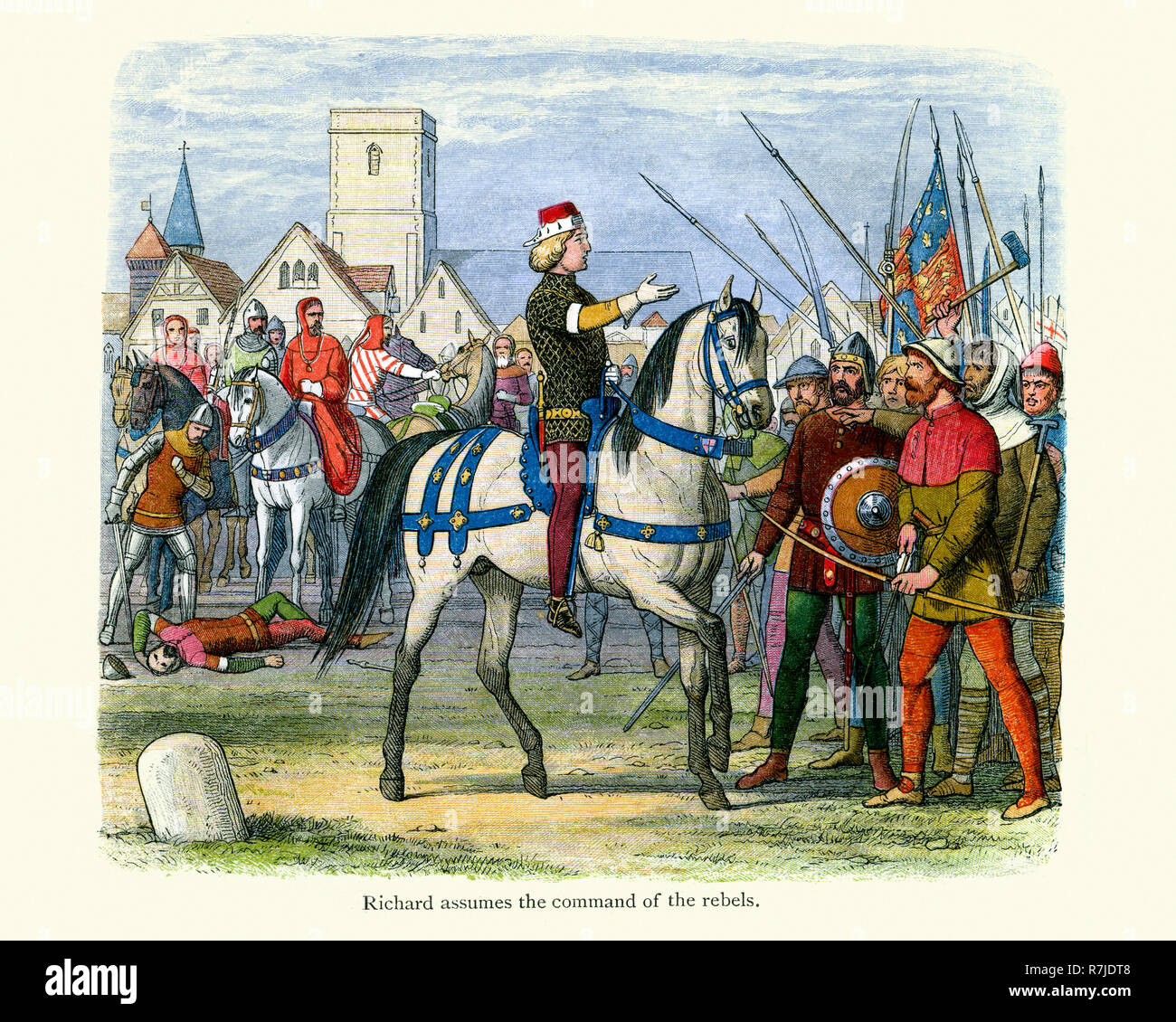 Le roi Richard II prenant le commandement des rebelles après la mort de leur chef Wat Tyler. La Révolte des paysans, la rébellion de Wat Tyler, ou le grand Risi Banque D'Images