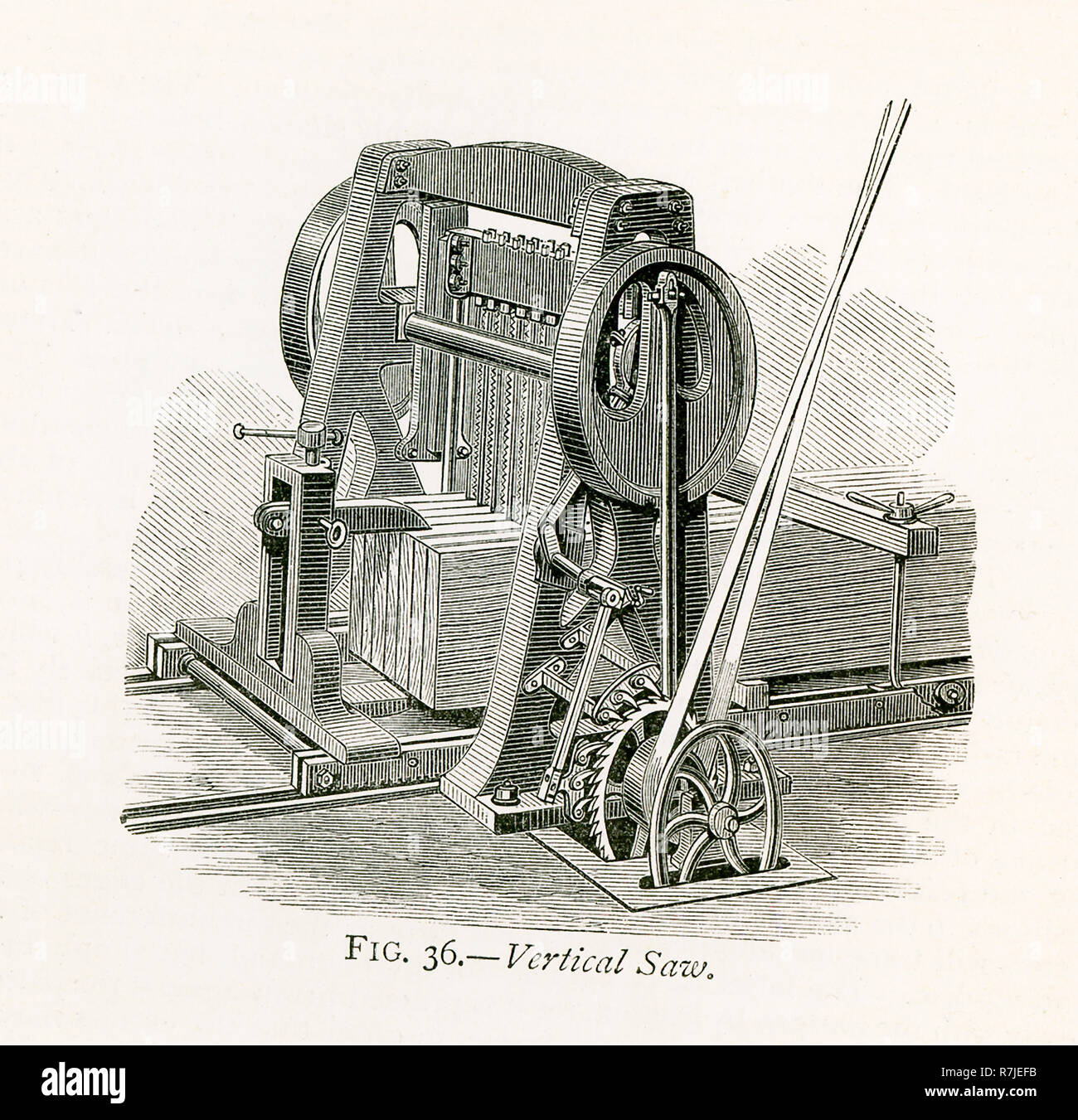 Cette illustration dates pour les années 1870 et montre une scie verticale. Tout le monde est au courant de la circulation d'une politique commune de l'a vu, et dans la machine pour le sciage madriers de bois en planches, représentée ici, son mouvement alternatif est retaine Banque D'Images