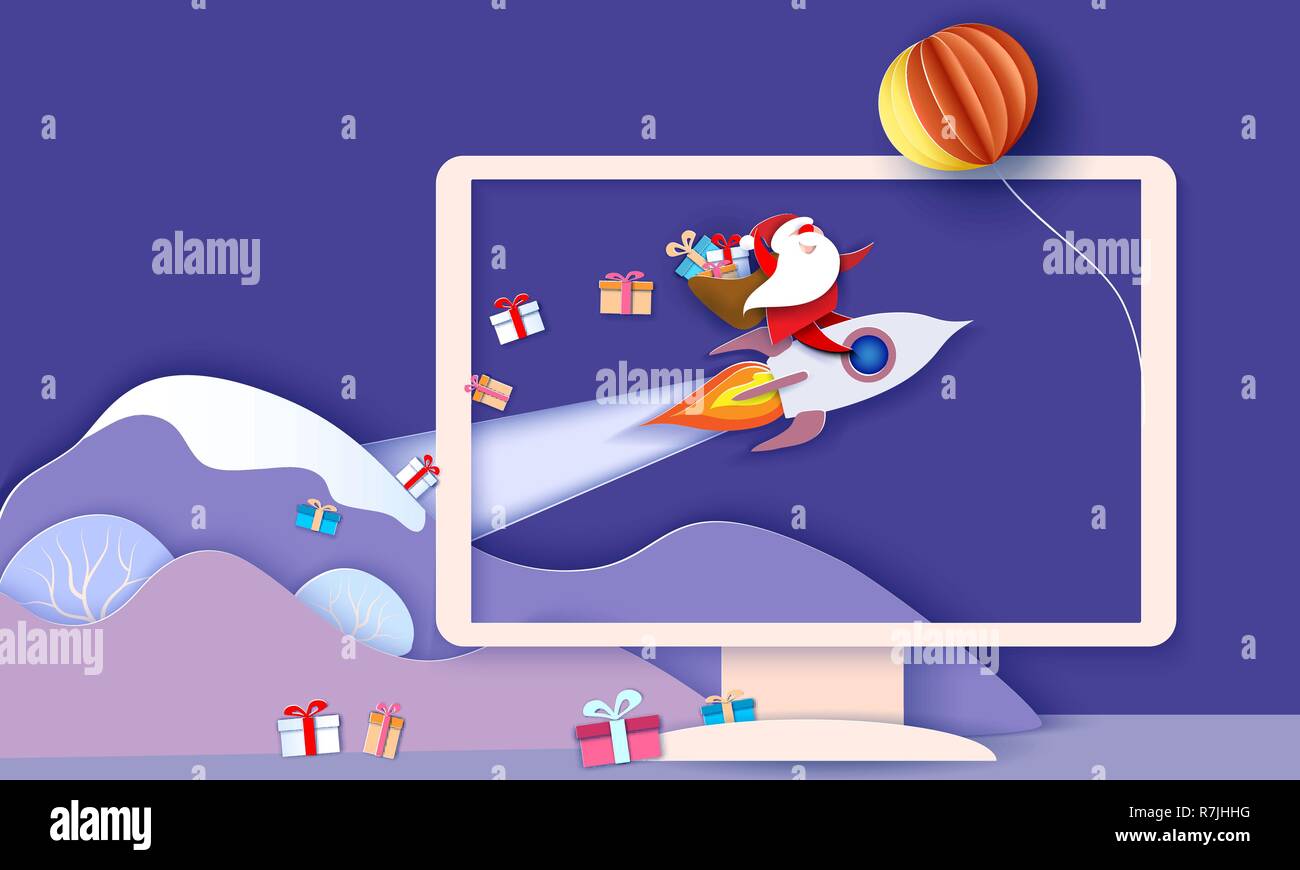 Bannière papier moderne avec le Père Noël sur la fusée avec fort de cadeaux à l'intérieur de l'écran d'ordinateur. Bonne année 2019 et joyeux Noël carte. Vector illustration. Coupe papier et de l'artisanat traditionnel. Illustration de Vecteur