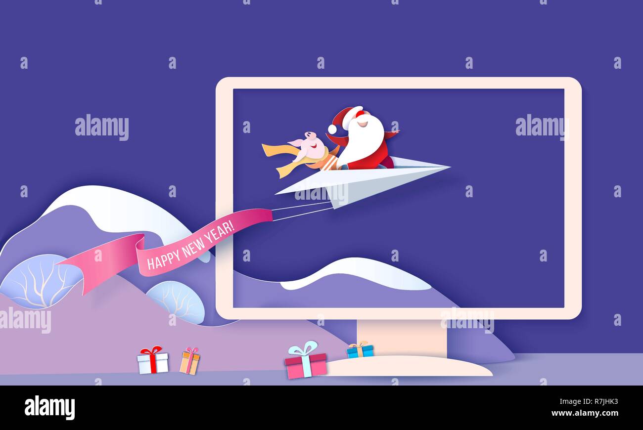 Carte de Nouvel An 2019. Le Père Noël et funny pig Ecornet souffler sur l'avion en papier sur fond bleu à l'intérieur de l'écran d'ordinateur. Coupe papier vecteur illustration de l'art pour les bandeaux, en-têtes, des affiches, autocollants Illustration de Vecteur