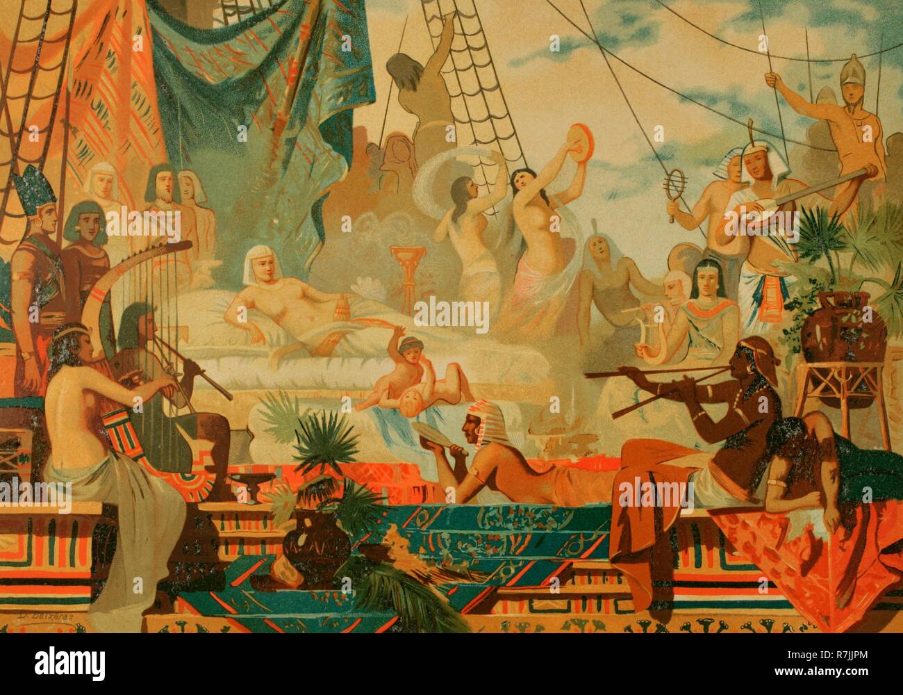 L'Egypte ancienne. Royaume ptolémaïque. Cléopâtre VII Philopator (69-30 av. J.-C.) en attente de son amant, le militaire romain Marc Antoine. Dessin de Dionisio Baixeras (1862-1943). Lithography. La Civilizacion (la civilisation), volume I, 1881. Banque D'Images
