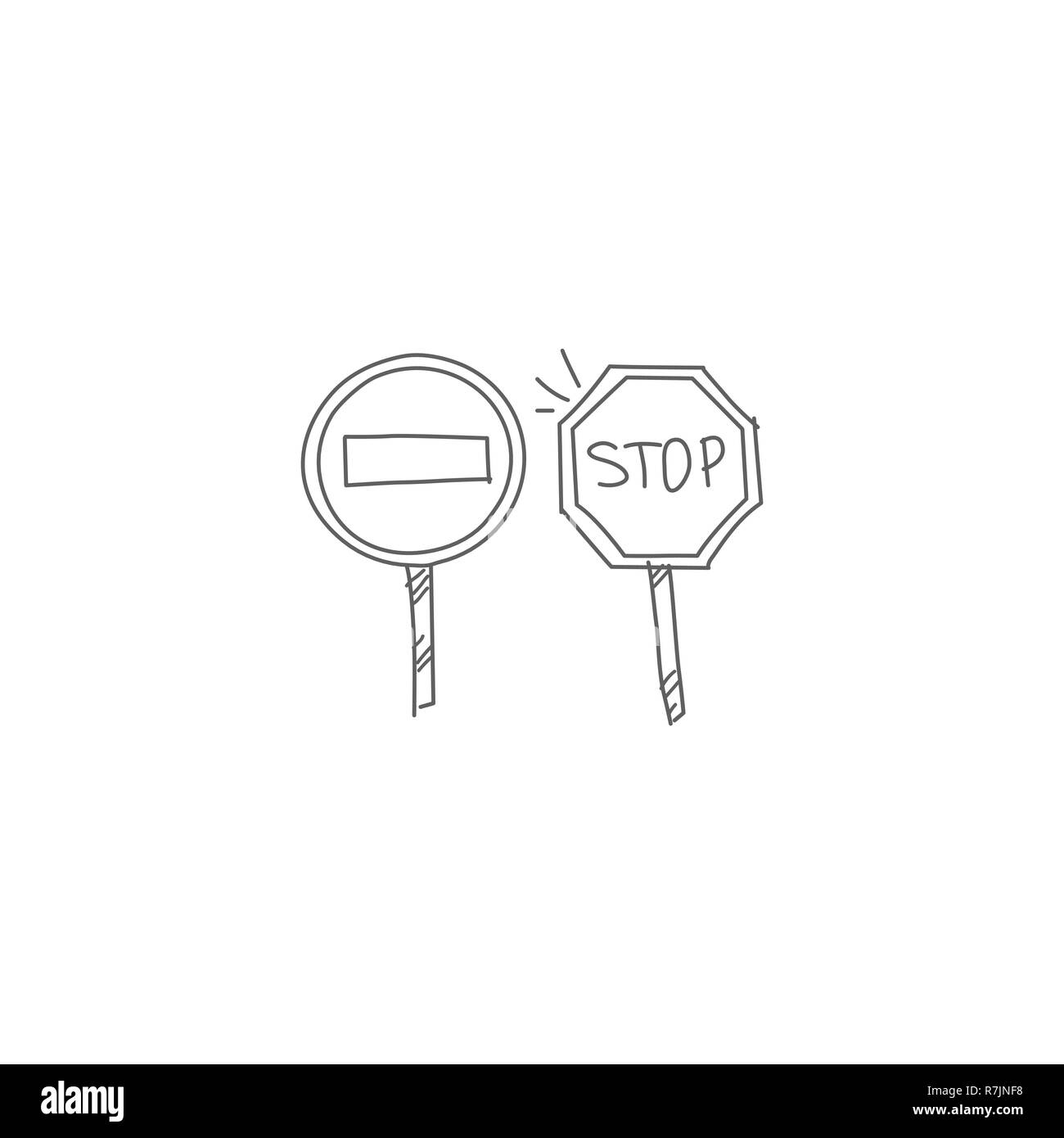 Arrêter et dont l'icône entrée doodle. Deux panneaux routiers vector illustrationOE Illustration de Vecteur