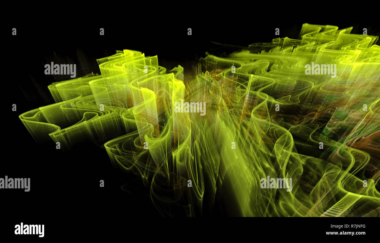 Beau fond vert de particules brillantes et les lignes avec la profondeur de champ et bokeh. Illustration 3d, 3D render Banque D'Images