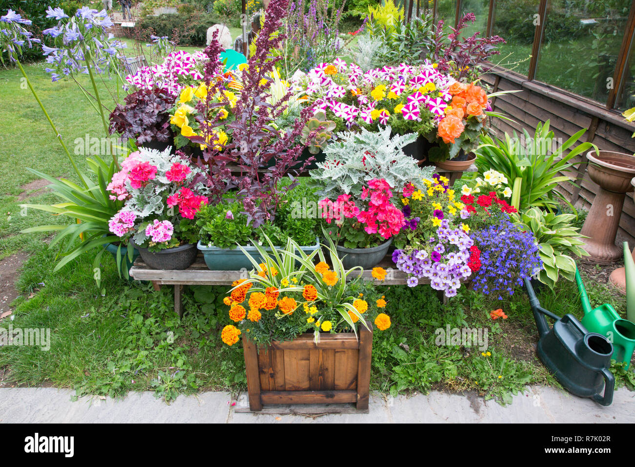 Dans un jardin de fleurs cafe, Cour Witley, Worcs UK en été Banque D'Images