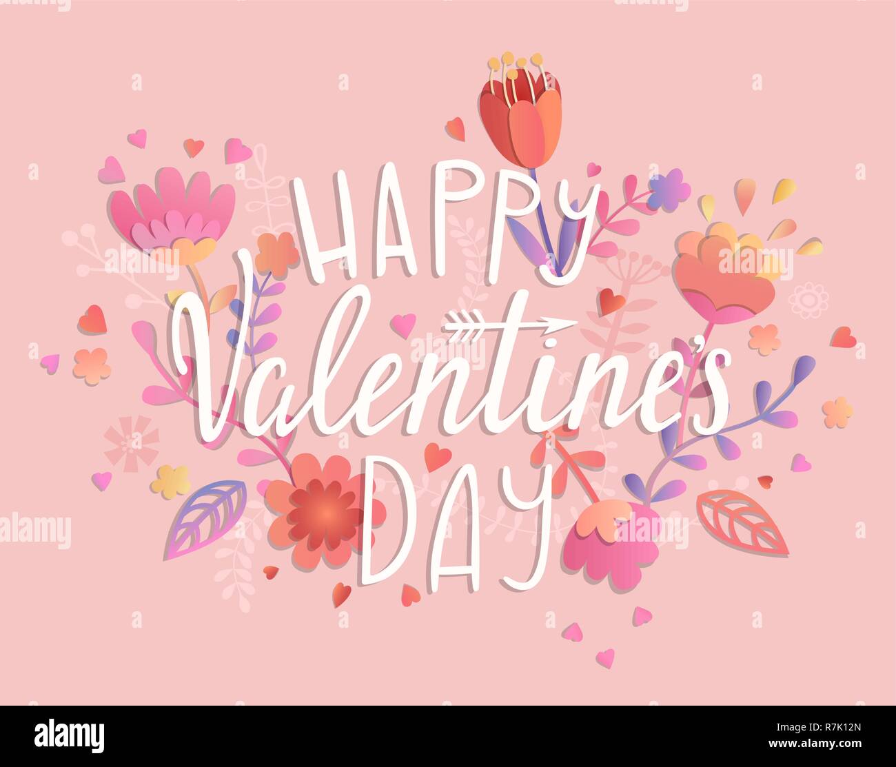 Happy Valentines Day card sur fond rose avec l'ornement floral. Message d'affiches, brochures, bannières, invitation. Vector illustration. Illustration de Vecteur