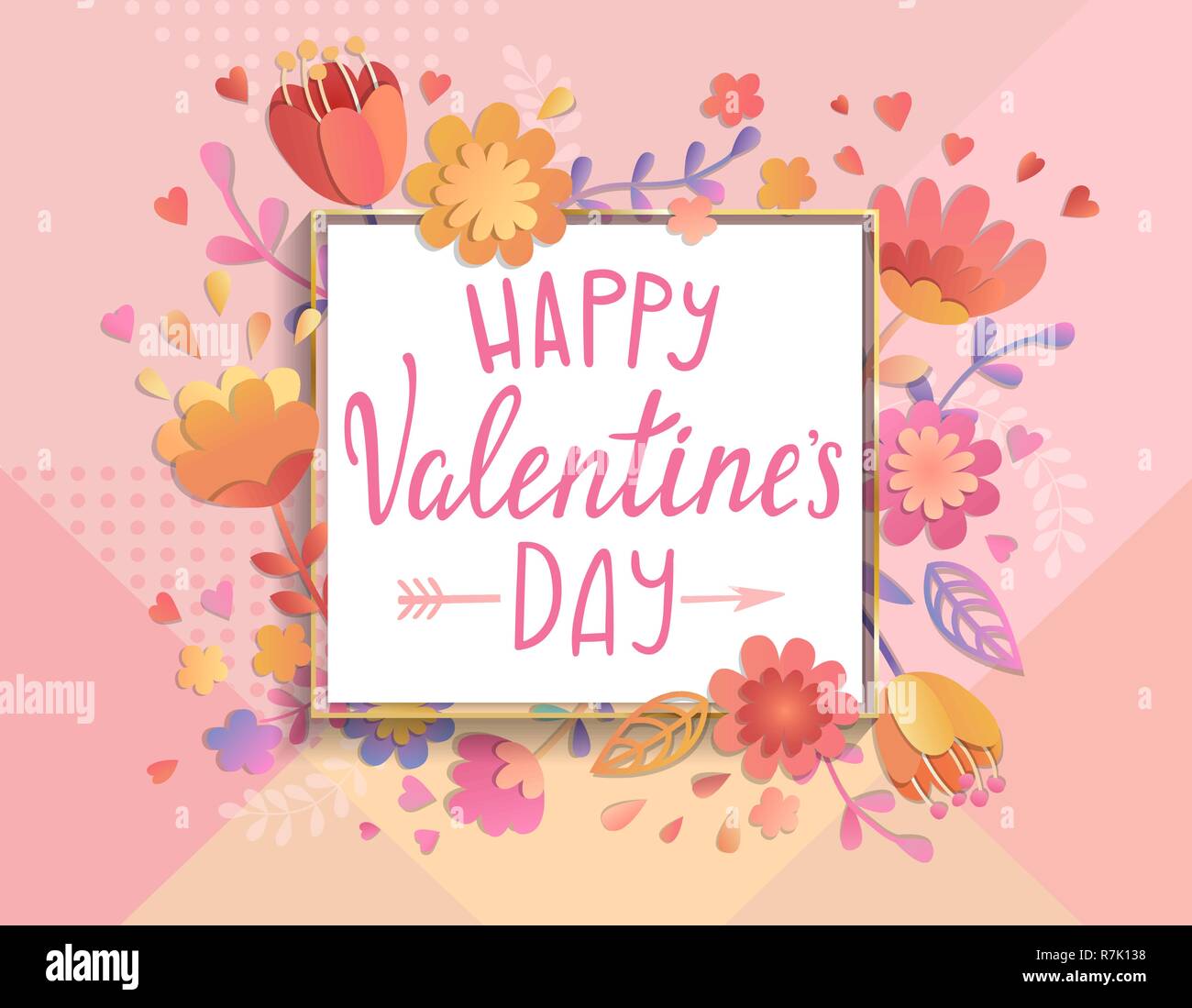 Happy Valentines Day card modèle avec cadre carré sur fond géométrique avec l'ornement floral. Message d'affiches, brochures, bannières, invitation. Vector illustration. Illustration de Vecteur