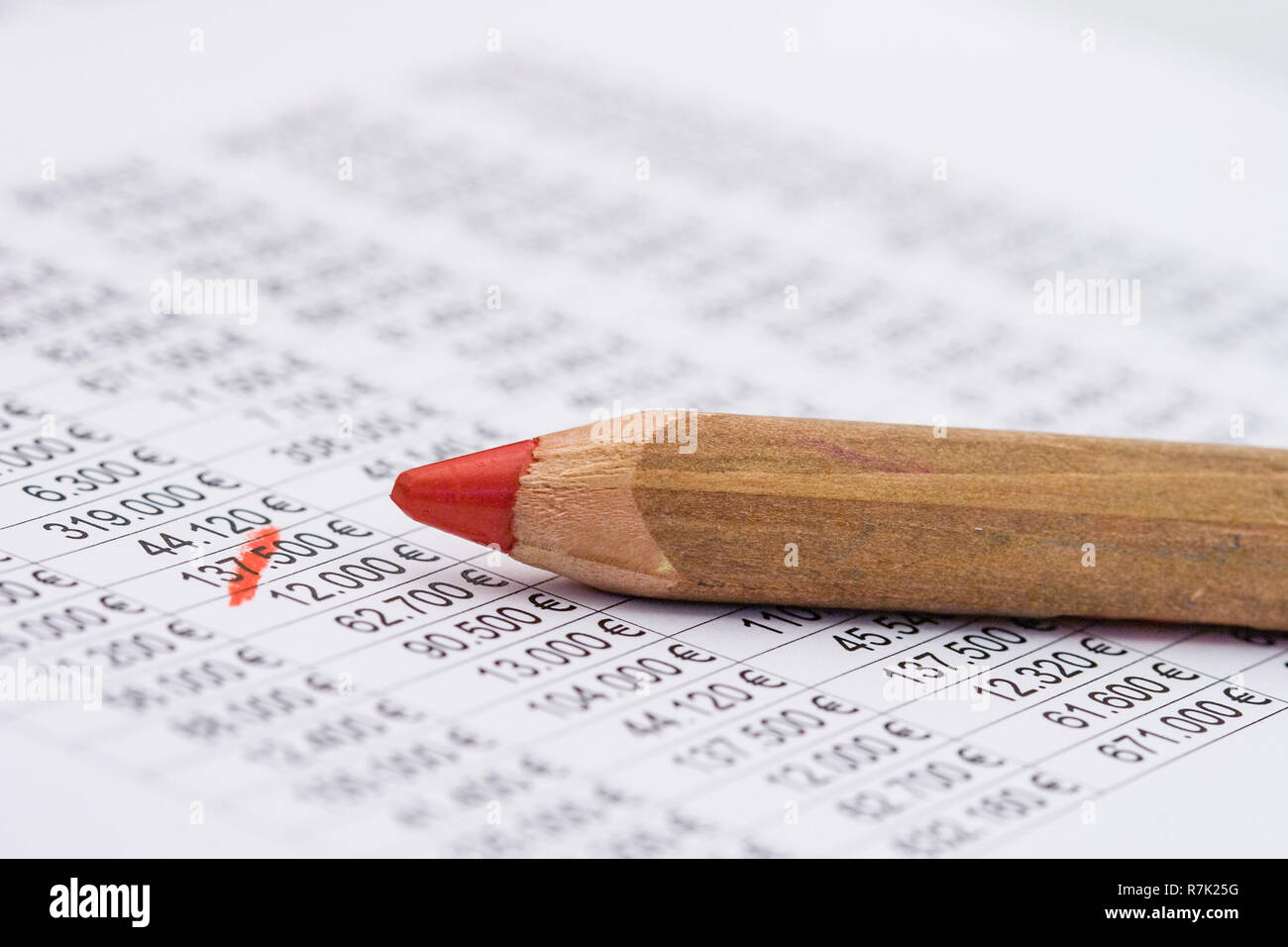 Définition le crayon rouge sur une feuille de planification financière (Euro) Banque D'Images