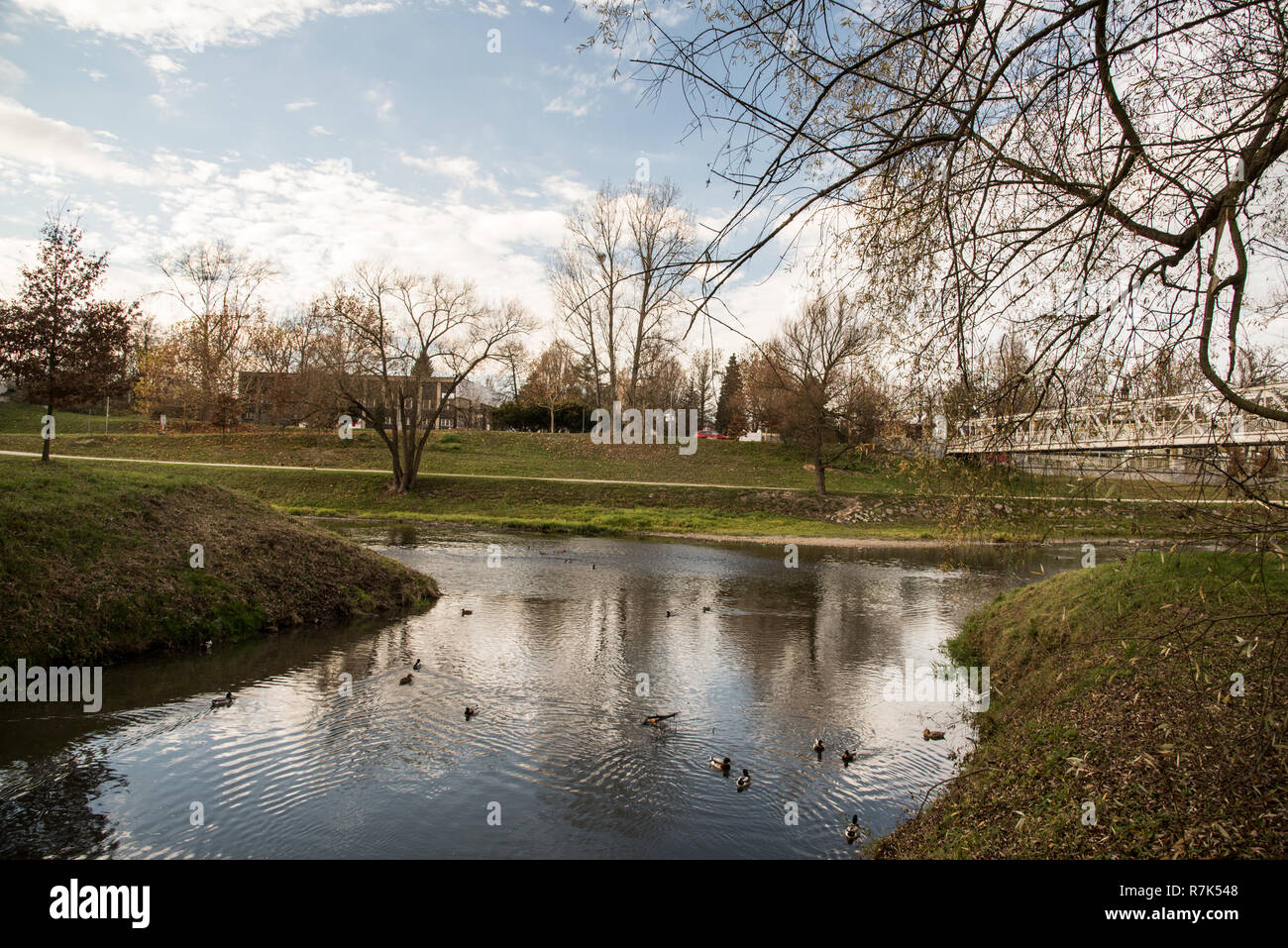 Affluent de Lucine et Ostravice les rivières près de Slezskoostravsky hrad château dans la ville d'Ostrava en République tchèque au cours de l'automne journée avec ciel bleu et de nuages Banque D'Images