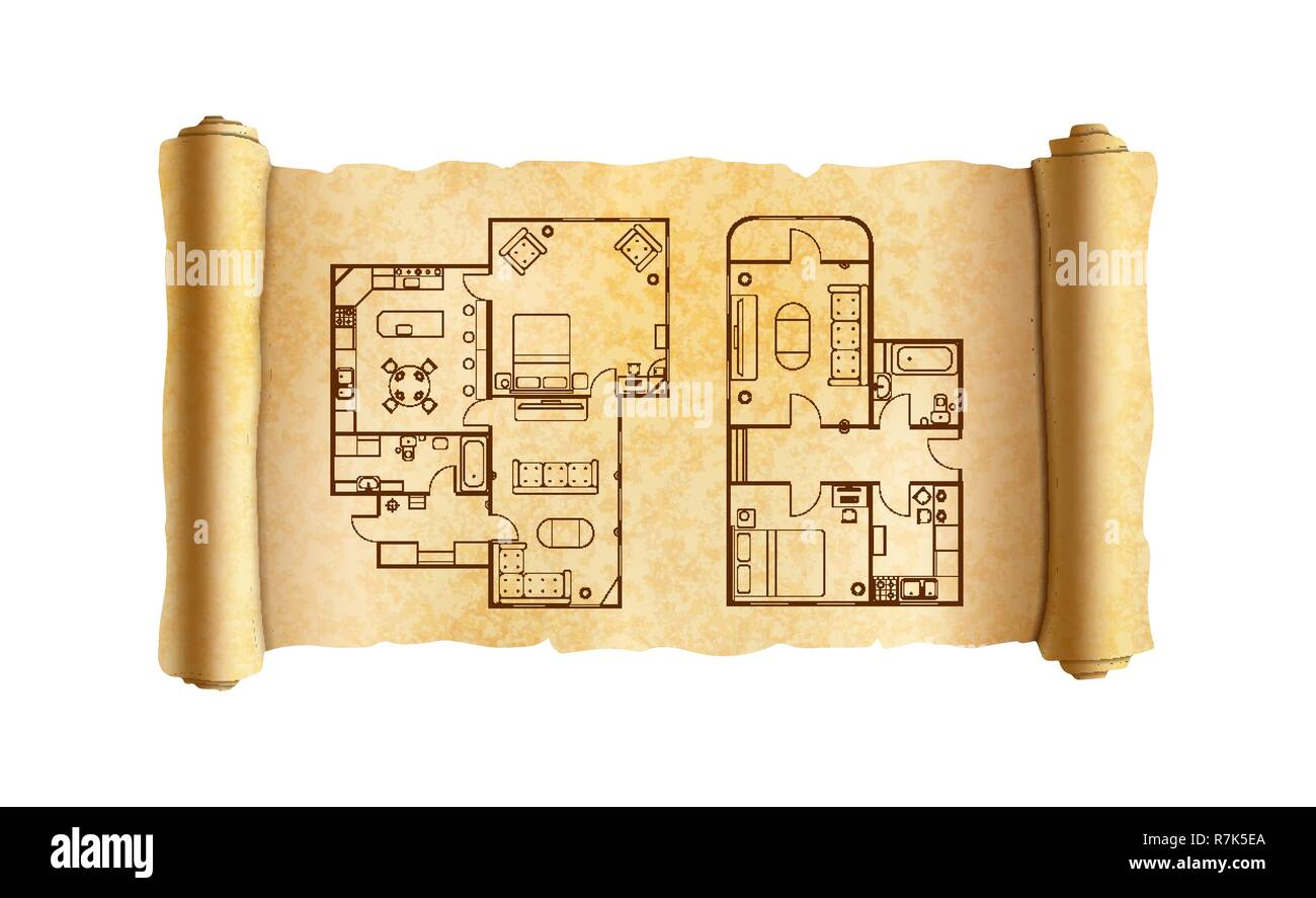 Ancien papyrus large texturés faites défiler avec maison d'architecte plans on white Illustration de Vecteur
