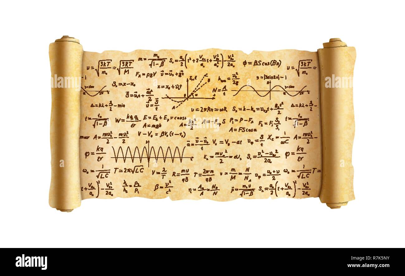 Ancien papyrus large texturé avec beaucoup de défilement à la main des formules scientifiques complexes et calculs isolated on white Illustration de Vecteur