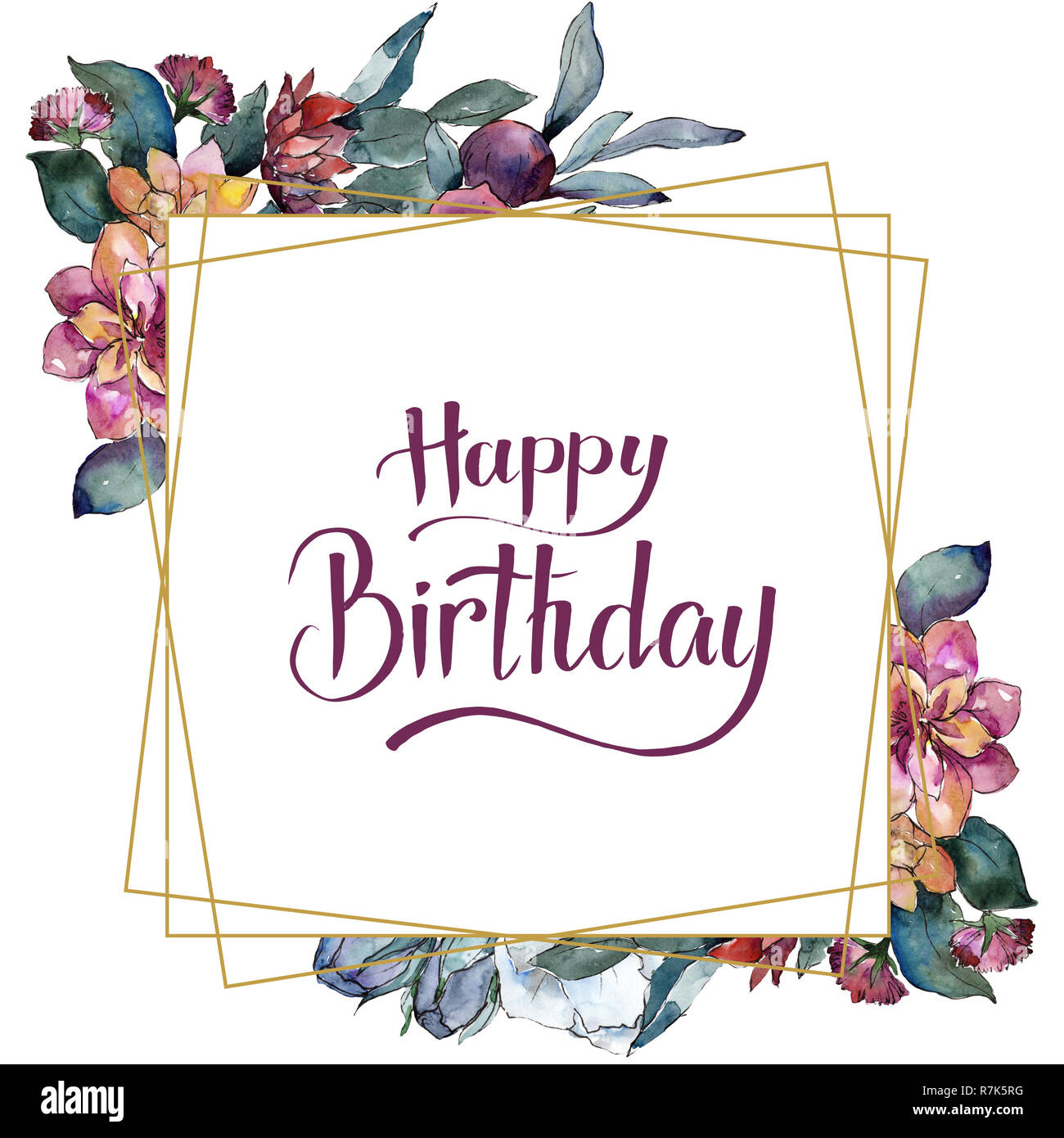 Bouquet Fleur Fond D Aquarelle Bordure De Cadre Aquarelle Carre Ornement Joyeux Anniversaire Calligraphie De L Ecriture Photo Stock Alamy
