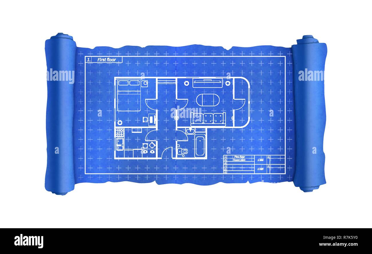 Faites défiler avec plan de maison avec des meubles, Blueprint on white Illustration de Vecteur