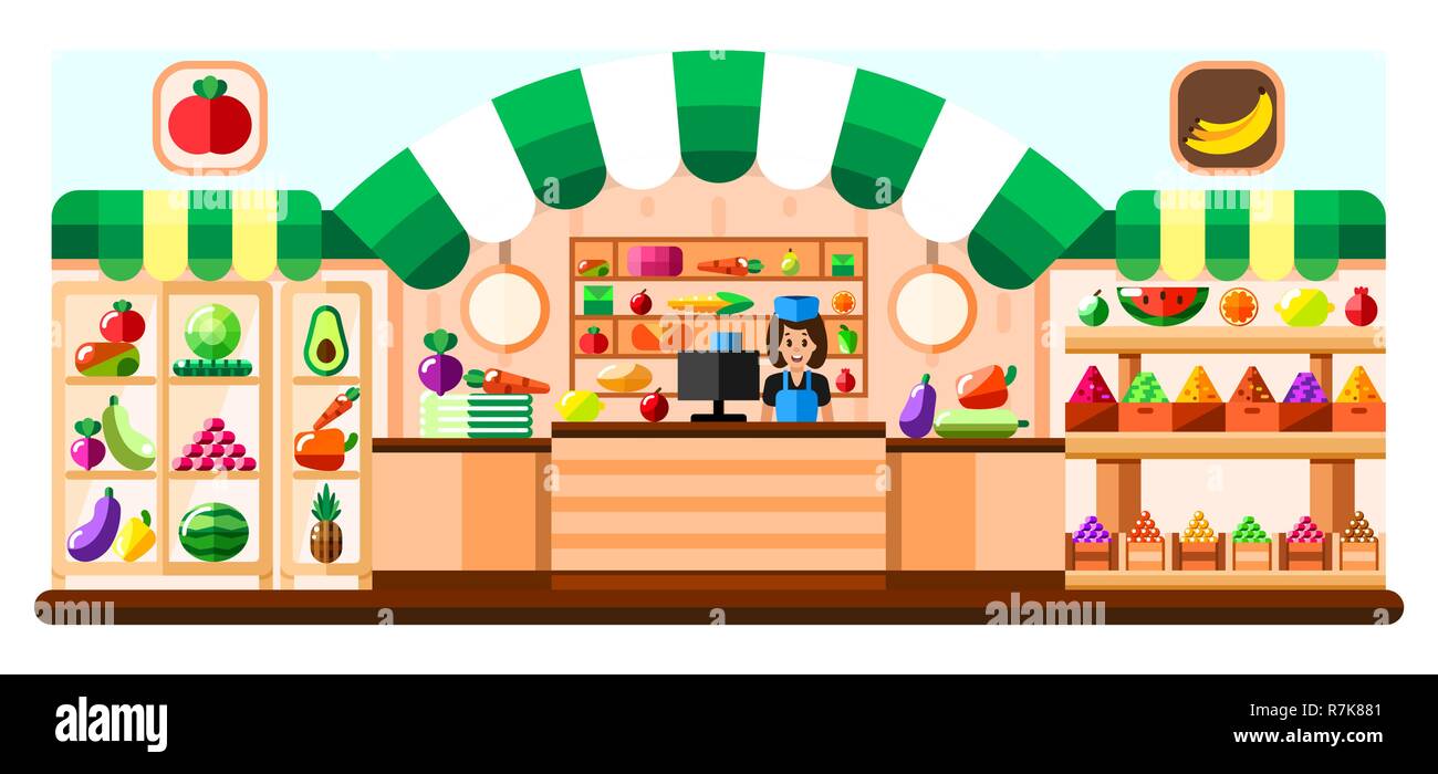 Boutique vendeur de légumes avec l'intérieur, mettre en valeur et d'un réfrigérateur. L'intérieur de supermarchés avec goodies. Panier de fruits et légumes, boîtes et récipients. La saine alimentation et de l'éco de la nourriture. Télévision illustration Illustration de Vecteur