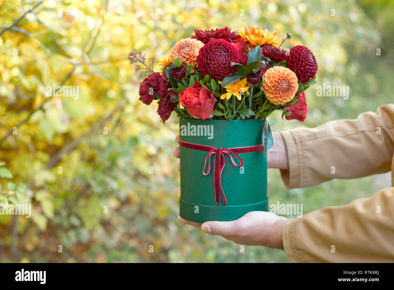 Belle Homme En Costume De Fete Main Dans La Boite Verte Avec Fleurs Delicates Cadeau Pour La Journee De La Femme Close Up Side View Concept Pour Mariage Anniversaire E Photo Stock Alamy